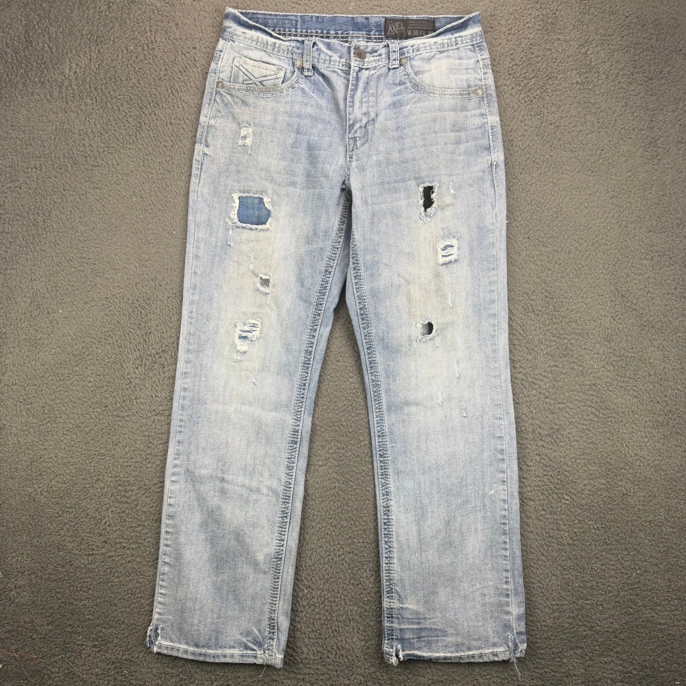 Axel Treadwell Relaxed Straight Distressed Patched Light Wash Mens Jeans 30x32